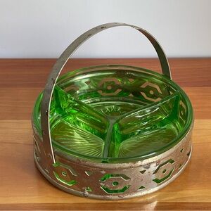 Vintage Green Glass Divided Dish Chrome Handled Holder Metal Basket